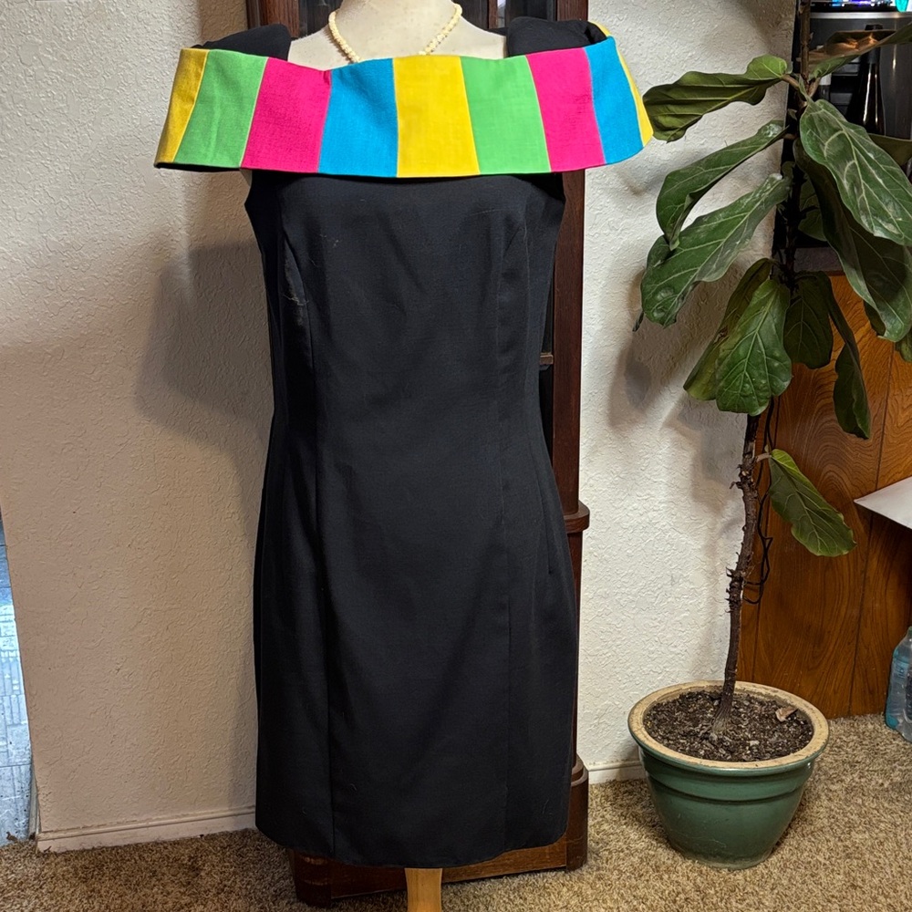 Vintage Colorful Off-Shoulder Black Dress